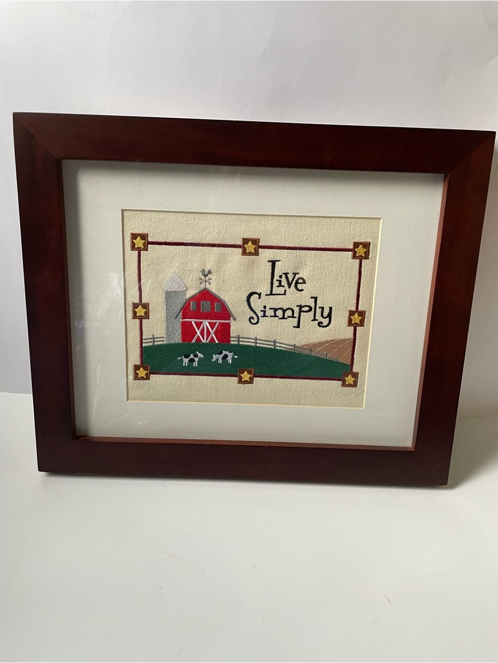 Live Simply Red Barn embroidered Framed Wall Art. - Picture 1 of 4